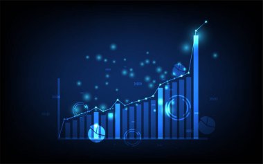 Teknoloji sektörü geçmişi, sosyal ağ diyagramı konsepti ile finansal grafikler, fütüristik dijital yenilik arka plan çizimi