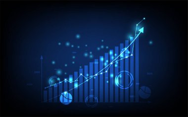 Teknoloji sektörü geçmişi, sosyal ağ diyagramı konsepti ile finansal grafikler, gelecekteki dijital yenilik arka planı