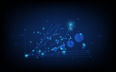 Teknoloji sektörü geçmişi, sosyal ağ diyagramı konsepti ile finansal grafikler, gelecekteki dijital yenilik arka planı