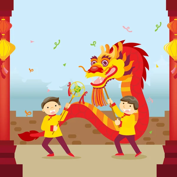 Chinees Nieuwjaar festival/Dragon dance — Stockvector