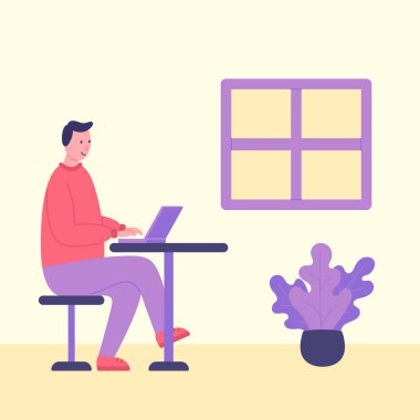 Evden Çalışmak, erkekler kendilerini izole ederken evde çalışırlar. Coronavirus salgını sırasında evden resim çalışması.