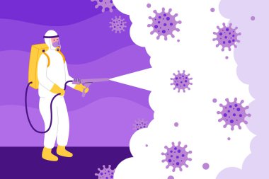 Virüs dezenfeksiyon konsepti, hamzat kıyafetli bir adam Coronavirus hücrelerini temizliyor ve COVID-19 'u dezenfekte ediyor. Önleme konsepti çizimleri, koruyucu giysili insanlar temizlik ve dezenfekte virüsüne sprey sıkarlar..