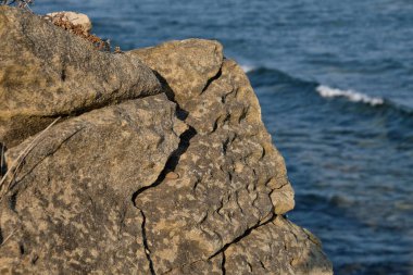 Küçük aşınmış mağaraları olan büyük bir kumtaşı parçası. Önplan Gökyüzü arkaplanı ile odaklan