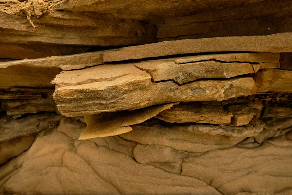 Kayalıklar boyunca kum taşı. Kayalar yıpranma ve aşınma nedeniyle deliklerle doludur. Yıpranmış kumtaşı dokusu arkaplanı — Stok fotoğraf
