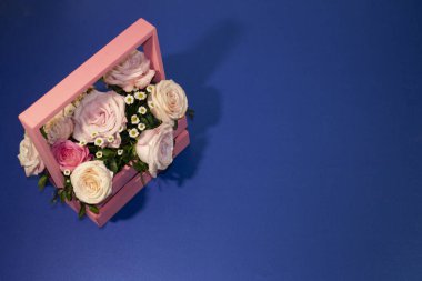Kartpostal şablonu, kopya spesiyalleri mavi arka planda pembe güller.