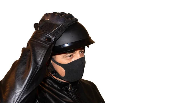 Isoliert Auf Weißem Hintergrund Ein Motorradfahrer Mit Helm Und Maske — Stockfoto