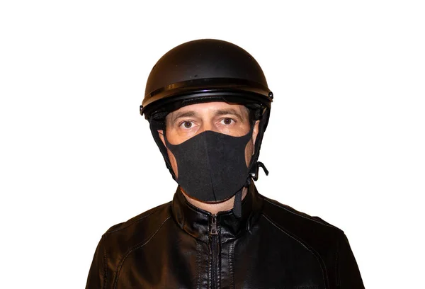 Isolado Motociclista Fundo Branco Com Capacete Máscara Coronavírus Jaqueta Preta — Fotografia de Stock