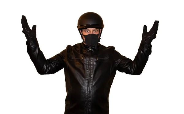 Isoliert Auf Weißem Hintergrund Ein Motorradfahrer Mit Helm Und Maske — Stockfoto