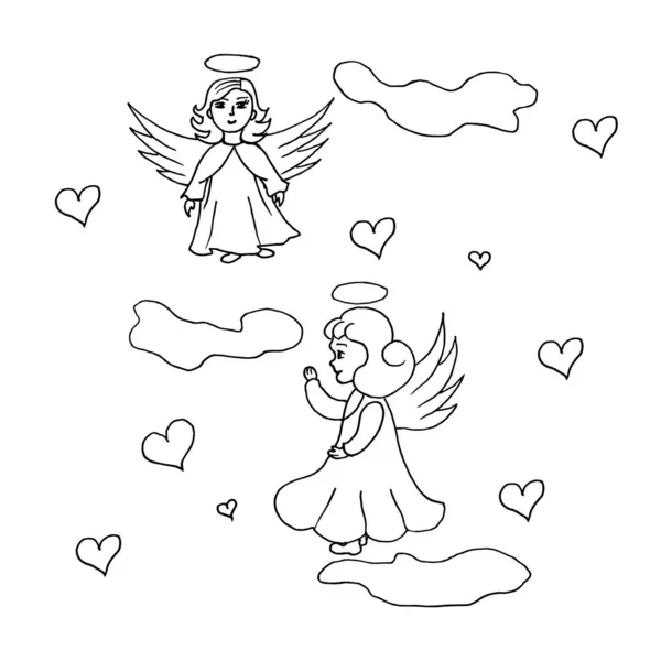 天使の少女 アウトライン ベクトル 印刷のためのデザイン要素の株式イラストの白い背景画像に隔離 — ストックベクタ