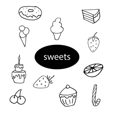 Beyaz arka plan tatlıları, pasta, pasta, stok resimleme, vektör, el çizimi, baskı, kupür defteri, kartpostallar için tasarım elemanı donanımı