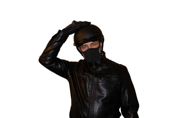 Isolerad Vit Bakgrund Man Motorcyklist Hjälm Och Mask Som Skyddar — Stockfoto
