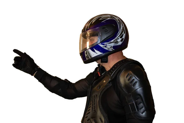 Isolado Fundo Branco Homem Motociclista Capacete Jaqueta Preta Proteção Luvas — Fotografia de Stock