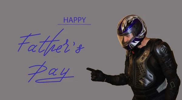 Holiday greeting card for Father\'s Day with a motorcyclist in a helmet with text - Happy Father\'s Day
