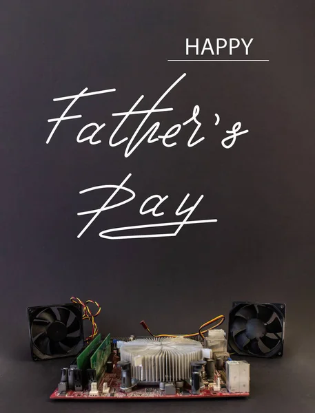 Holiday Greeting Card Father Day Black Background Machines Computer Boards — Stock Photo, Image