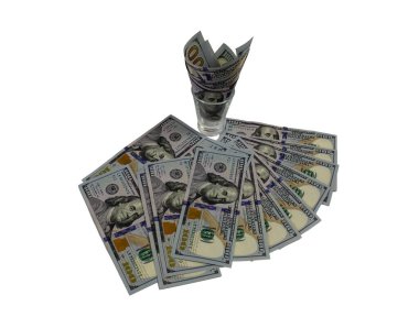 Beyaz arka planda bir bardaktaki dolar, krizin, satılığın, zenginliğin sembolü.