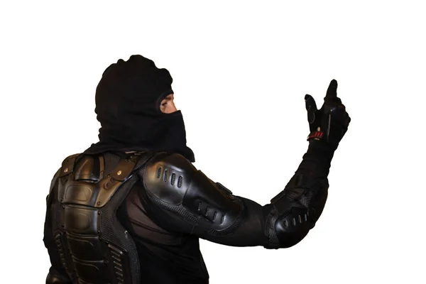 Isolado Fundo Branco Homem Cavaleiro Máscara Uma Motocicleta Proteção Com — Fotografia de Stock