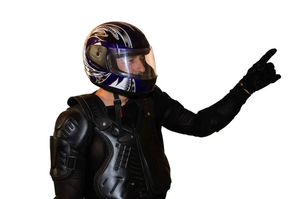 Изолированный Белом Фоне Мотоциклист Шлеме Черная Куртка Защитные Байкерские Перчатки — стоковое фото