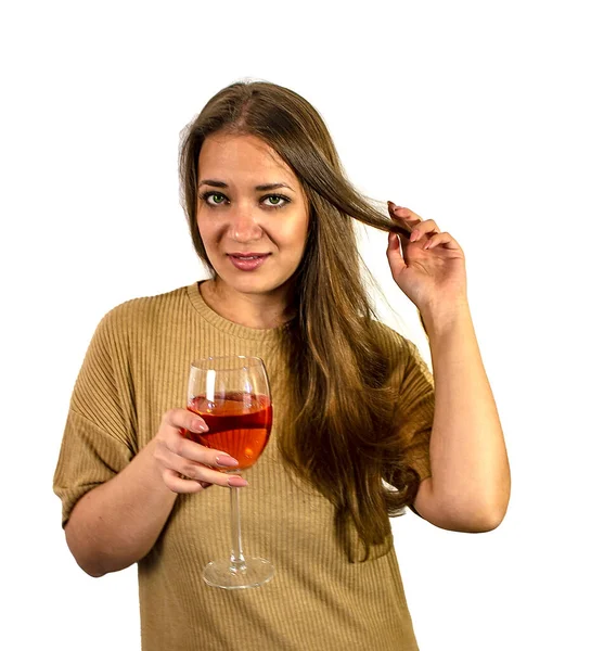 Молода Дівчина Коричневим Волоссям Зеленими Очима Вином Шампанське — стокове фото