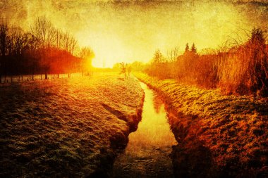 günbatımı kırsal manzara ile doku üzerinde