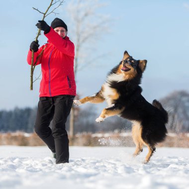 üst düzey kadın ile köpek karda oynarken