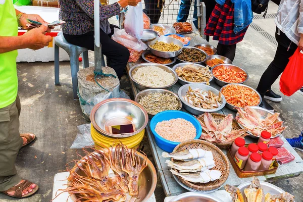 market stall with seafood in Tai O, Hongkong