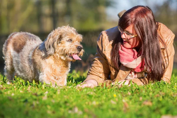 Jovem mulher encontra-se com seu cão na grama — Fotografia de Stock