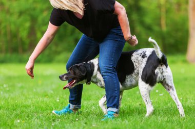 kadın köpeğini açık havada çalış