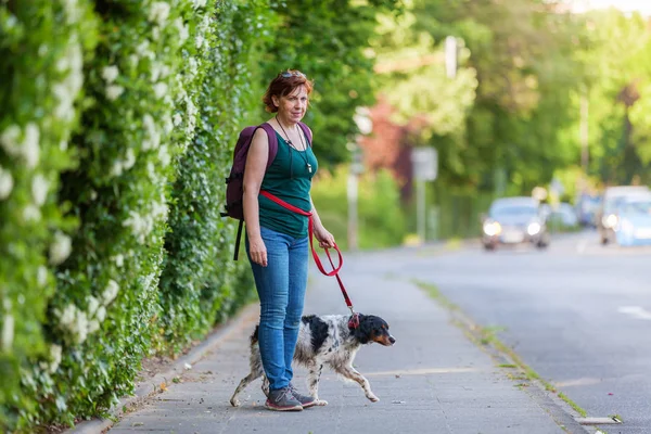 Mogen kvinna med Brittany hund på en trottoar — Stockfoto