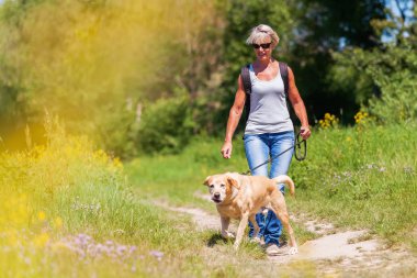 Olgun kadın ile köpek peyzaj hiking