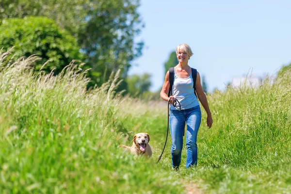 Mujer madura senderismo con perro en el paisaje — Foto de Stock