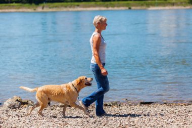 Olgun kadın ile bir köpek nehir jogs