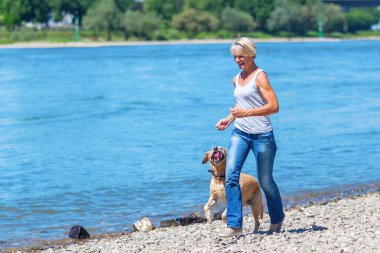 Olgun kadın ile bir köpek nehir jogs