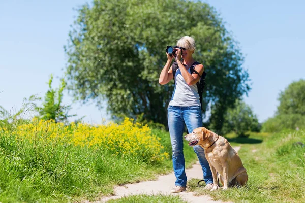 Mujer madura con perro tomando fotos con una cámara —  Fotos de Stock