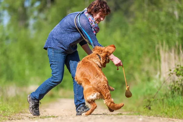 Frau spielt mit einem Nova Scotia Ente Maut-Retriever — Stockfoto