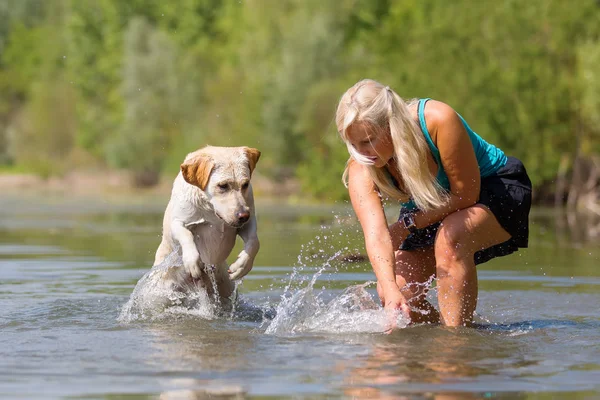 Mature woman plays with a labrador in the lake — Stock Photo, Image