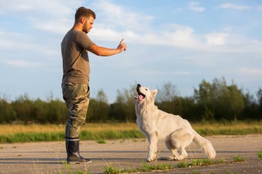 genç adam onun beyaz Alman çoban bir komut verir.