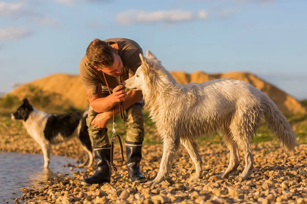 Genç adam iki köpek ile bir çakıl plajı üzerinde çalış. — Stok fotoğraf