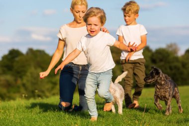 Anne iki çocuk ve iki küçük köpek ile açık havada oynuyor