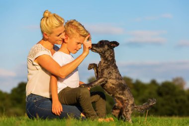 Anne ile oğlu küçük bir köpekle oynamayı