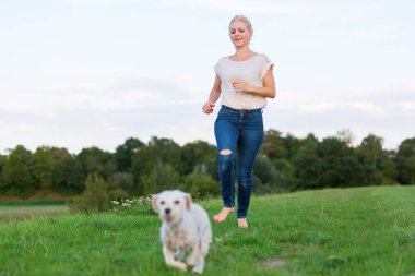 güzel kadın bir terrier melez köpek açık havada çalışır