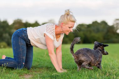 kadın bir çayır üzerinde korkunç melez köpeğiyle oynuyor