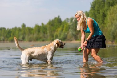 güzel bir kadın ile bir gölde bir labrador köpek çalış