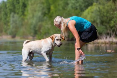 kadın onun labrador retriever gölde bir çalış