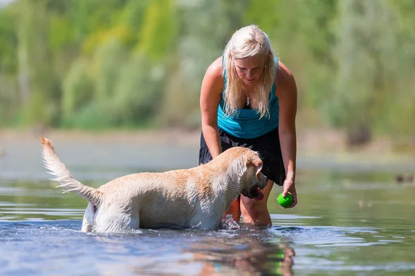 kadın bir gölde bir golden retriever çalış