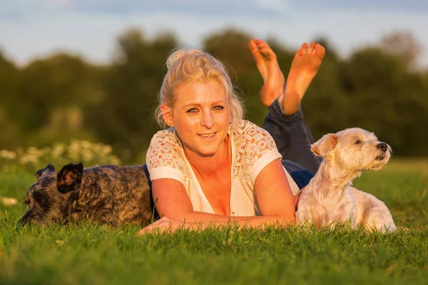 Retrato de uma mulher deitada na grama com dois cães pequenos — Fotografia de Stock