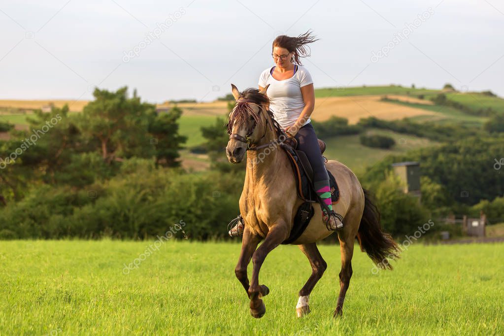 woman rides an Andalusian horse