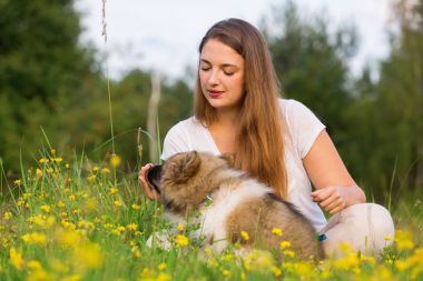genç kadın bir Elo köpek çim ile oturur