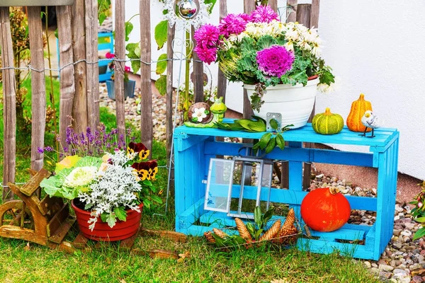 Autumnal decoration with a blue wooden box — Stock Photo, Image