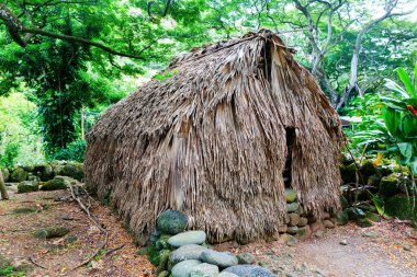 Haleiwa, Oahu, Hawaii, ABD - Kasım 06, 2019: Waimea Vadisi 'ndeki geleneksel Hawaii yaşam alanı. Waimea Vadisi botanik bahçesinin de bulunduğu tarihi bir doğa parkı.