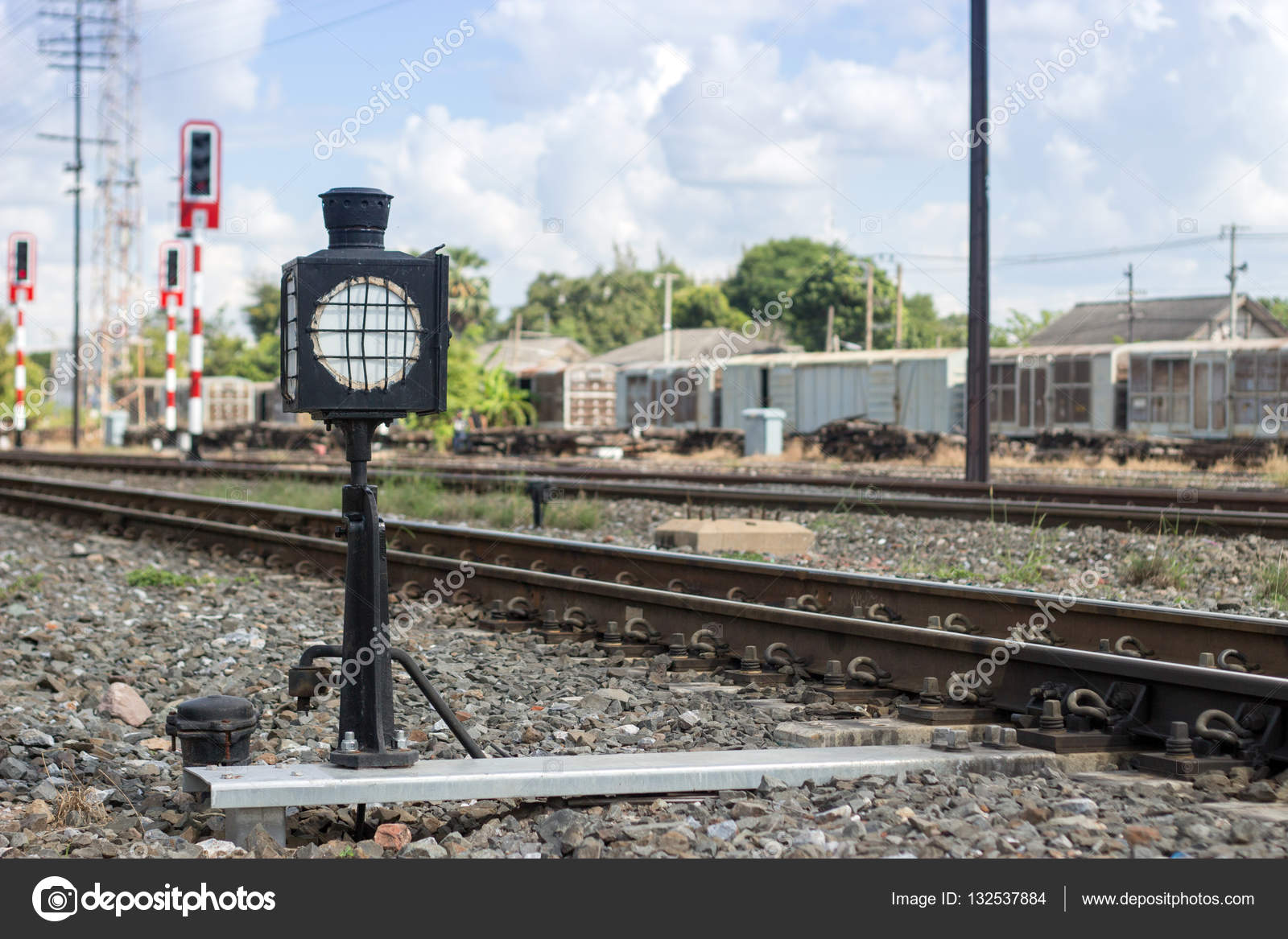 Lamp For Train Transport Sign On Ground Stock Photo Yanukit Close Up Lamp For Train Transport Sign On Ground Near Rail Way Photo By Yanukit